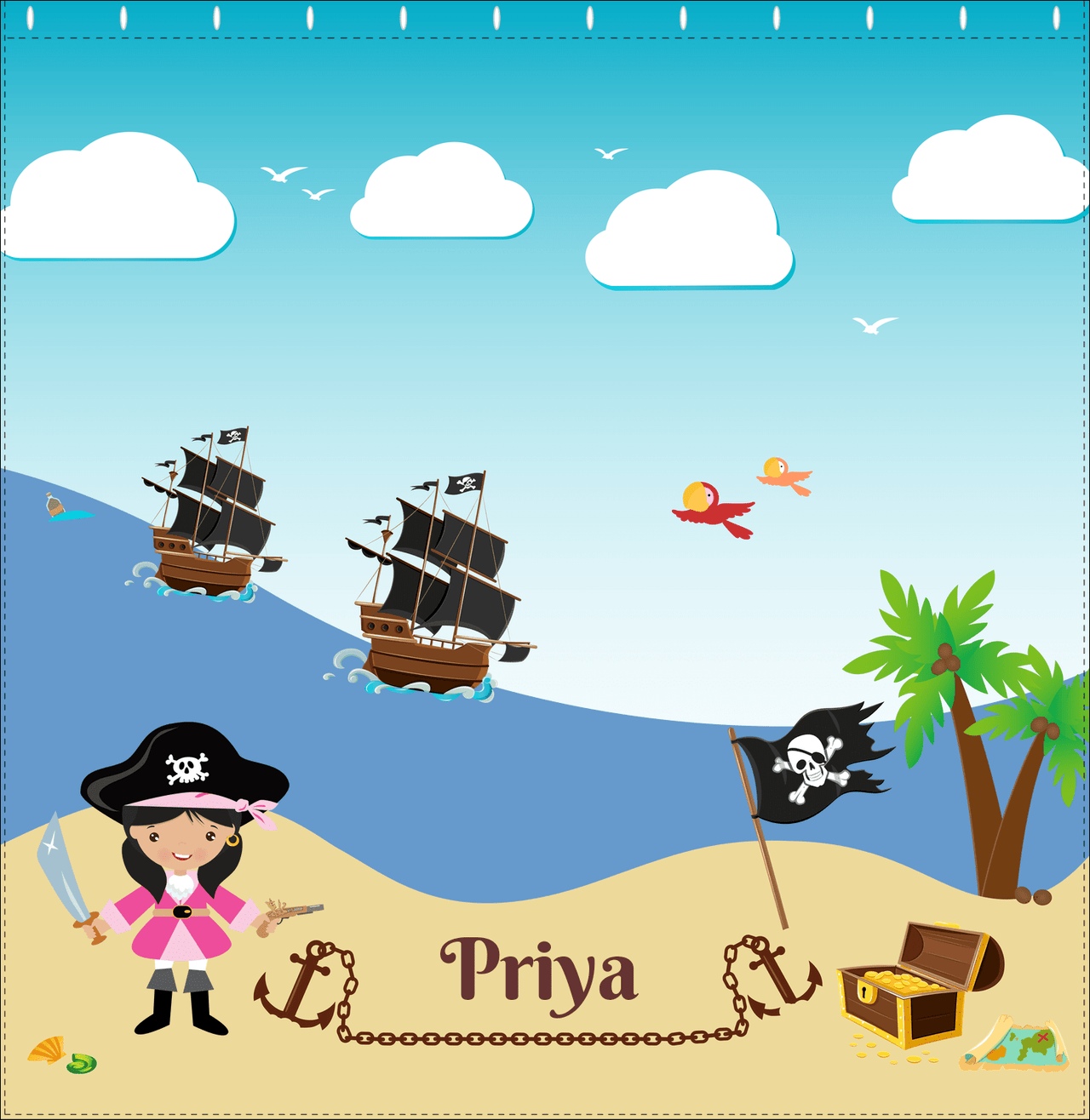 Personalized Pirate Shower Curtain VI - Blue Background - Black Hair Girl with Sword - Decorate View