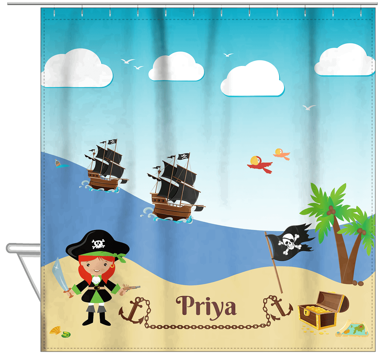 Personalized Pirate Shower Curtain VI - Blue Background - Redhead Girl with Sword - Hanging View