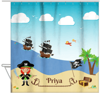 Thumbnail for Personalized Pirate Shower Curtain VI - Blue Background - Redhead Girl with Sword - Hanging View