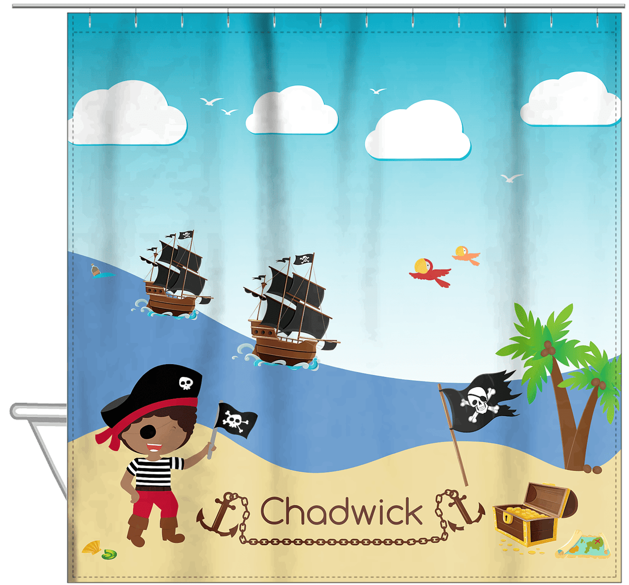 Personalized Pirate Shower Curtain VII - Blue Background - Black Boy with Flag - Hanging View