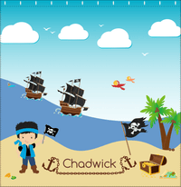 Thumbnail for Personalized Pirate Shower Curtain VII - Blue Background - Black Hair Boy with Flag - Decorate View