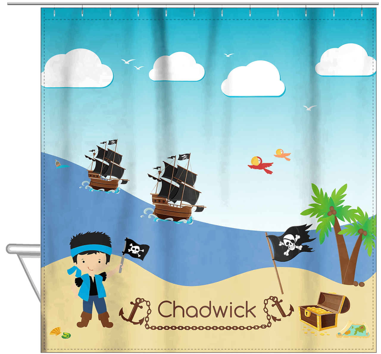 Personalized Pirate Shower Curtain VII - Blue Background - Black Hair Boy with Flag - Hanging View