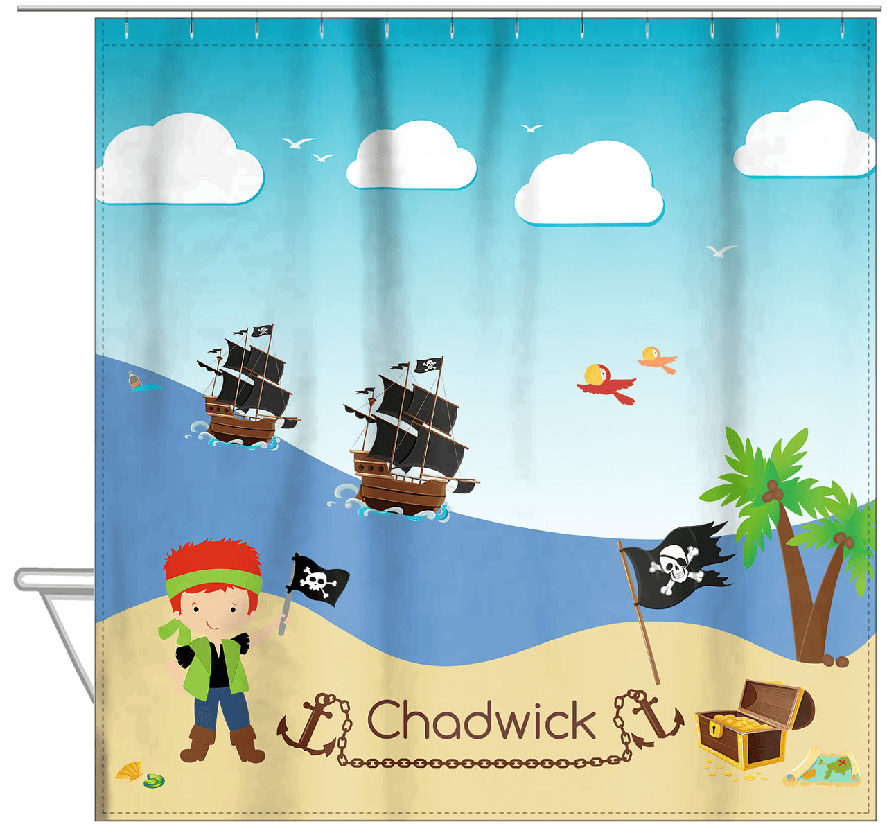 Personalized Pirate Shower Curtain VII - Blue Background - Redhead Boy with Flag - Hanging View