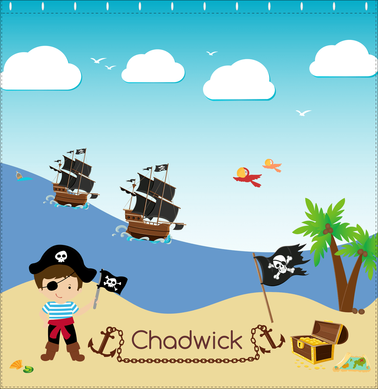 Personalized Pirate Shower Curtain VII - Blue Background - Brown Hair Boy with Flag - Decorate View