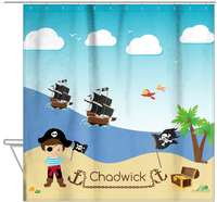 Thumbnail for Personalized Pirate Shower Curtain VII - Blue Background - Brown Hair Boy with Flag - Hanging View