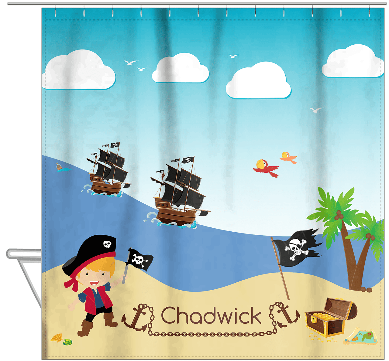 Personalized Pirate Shower Curtain VII - Blue Background - Blond Boy with Flag - Hanging View