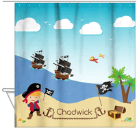 Thumbnail for Personalized Pirate Shower Curtain VII - Blue Background - Blond Boy with Flag - Hanging View
