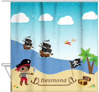 Thumbnail for Personalized Pirate Shower Curtain VIII - Blue Background - Black Boy with Sword - Hanging View
