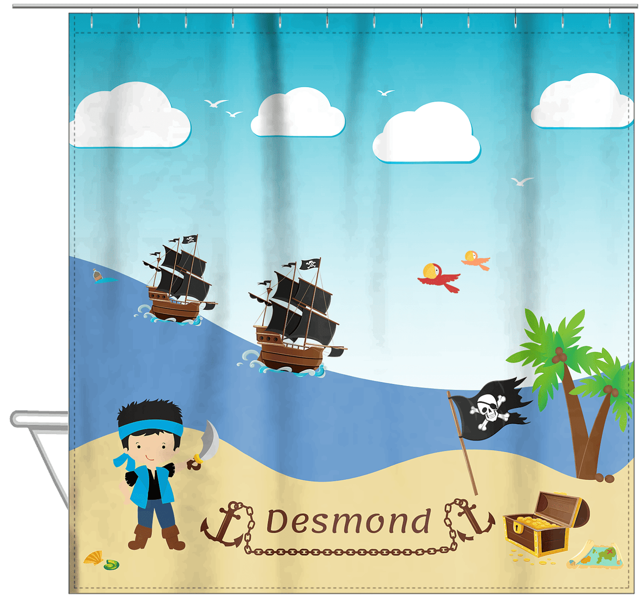Personalized Pirate Shower Curtain VIII - Blue Background - Black Hair Boy with Sword - Hanging View