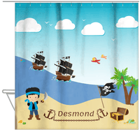 Thumbnail for Personalized Pirate Shower Curtain VIII - Blue Background - Black Hair Boy with Sword - Hanging View