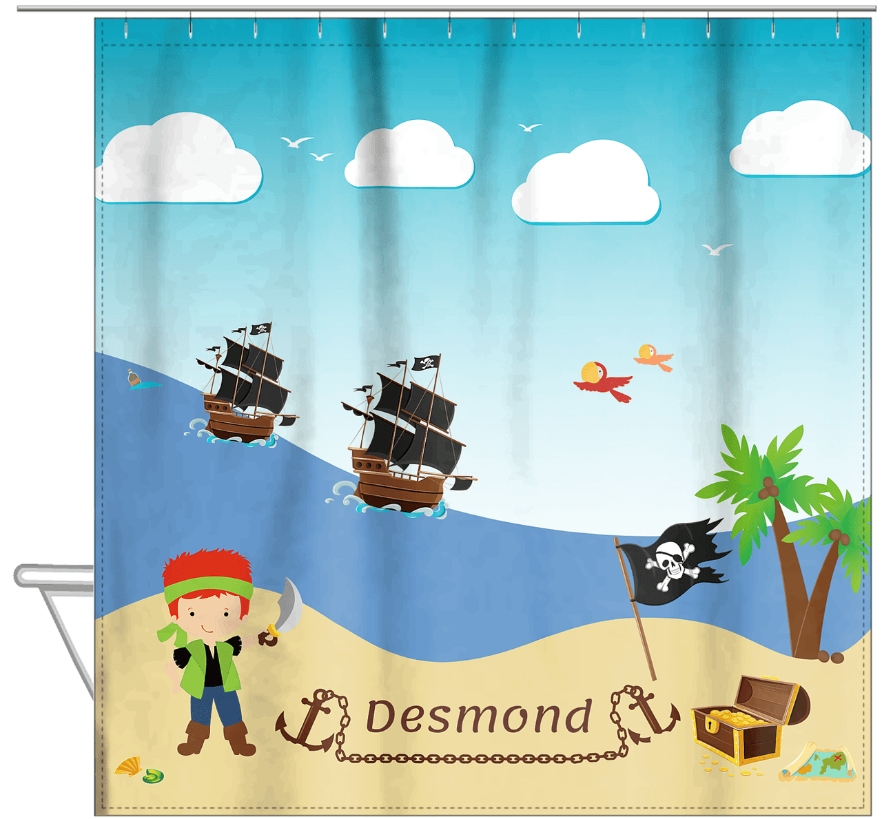 Personalized Pirate Shower Curtain VIII - Blue Background - Redhead Boy with Sword - Hanging View
