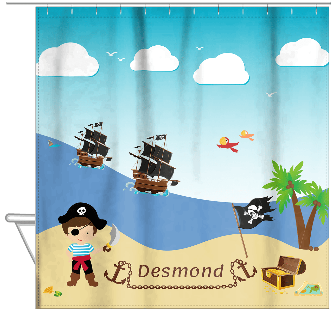 Personalized Pirate Shower Curtain VIII - Blue Background - Brown Hair Boy with Sword - Hanging View