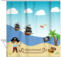 Thumbnail for Personalized Pirate Shower Curtain VIII - Blue Background - Brown Hair Boy with Sword - Hanging View