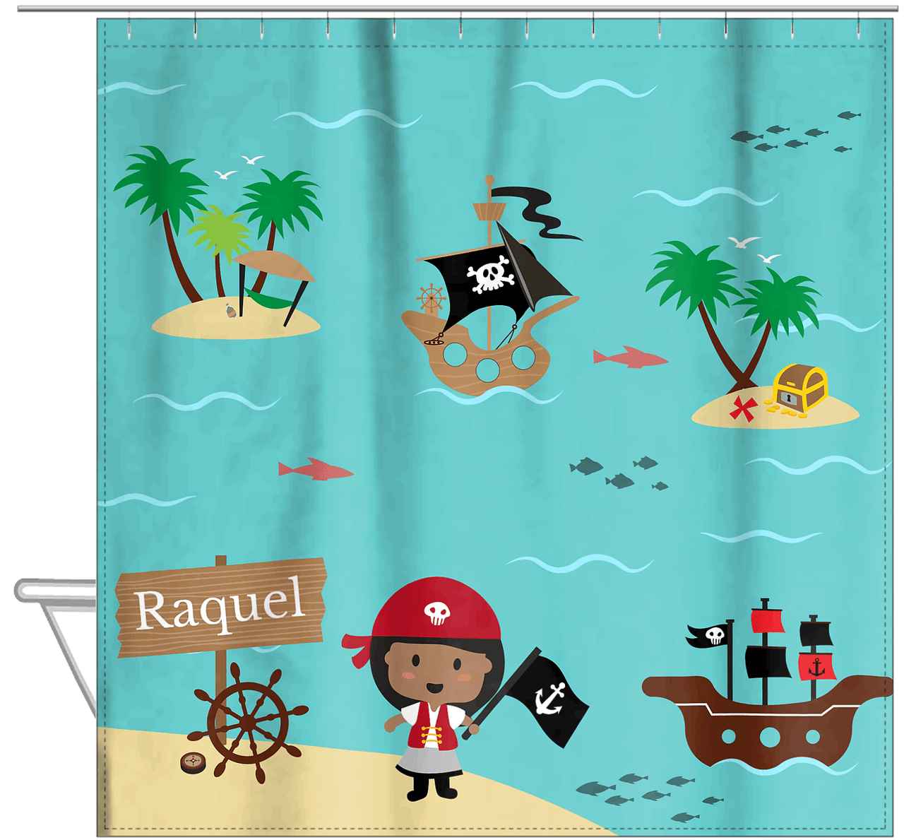Personalized Pirate Shower Curtain IX - Blue Background - Black Girl - Hanging View