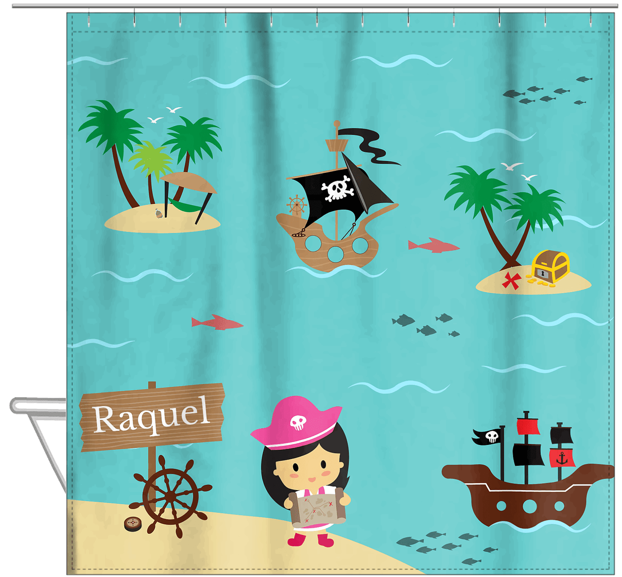 Personalized Pirate Shower Curtain IX - Blue Background - Asian Girl - Hanging View