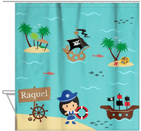 Thumbnail for Personalized Pirate Shower Curtain IX - Blue Background - Black Hair Girl - Hanging View