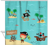Thumbnail for Personalized Pirate Shower Curtain IX - Blue Background - Redhead Girl - Hanging View