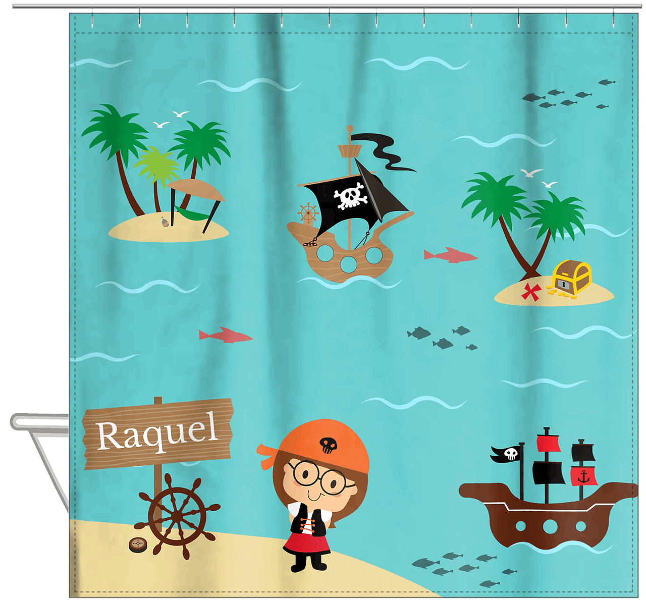 Personalized Pirate Shower Curtain IX - Blue Background - Brown Hair Girl - Hanging View