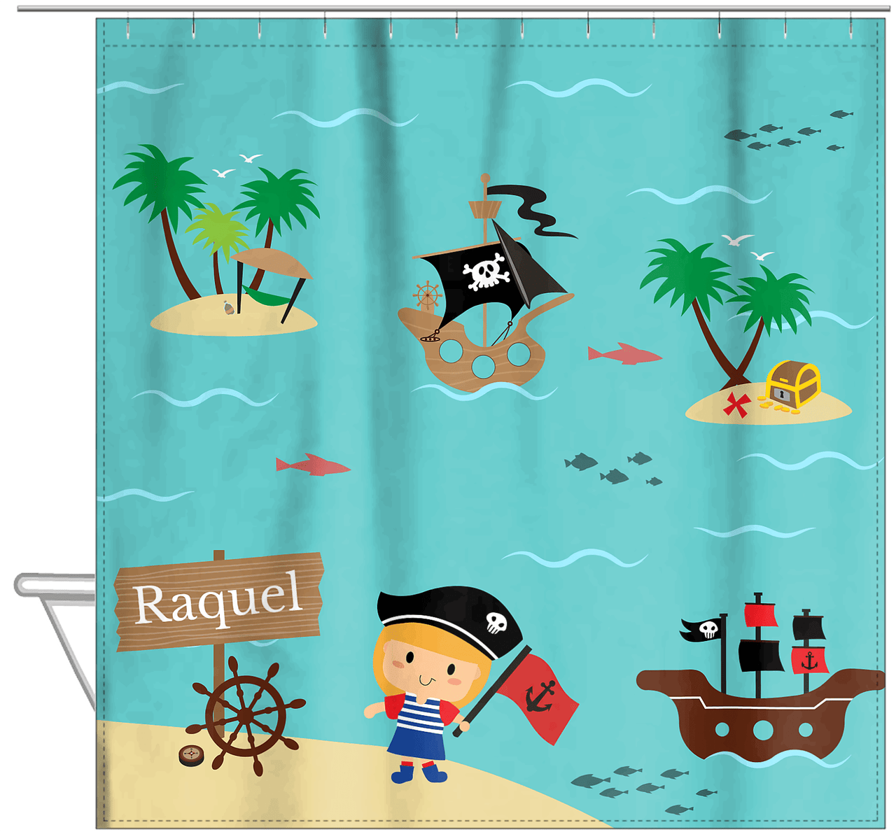 Personalized Pirate Shower Curtain IX - Blue Background - Blonde Girl - Hanging View