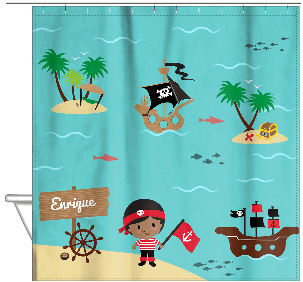 Personalized Pirate Shower Curtain X - Blue Background - Black Boy - Hanging View