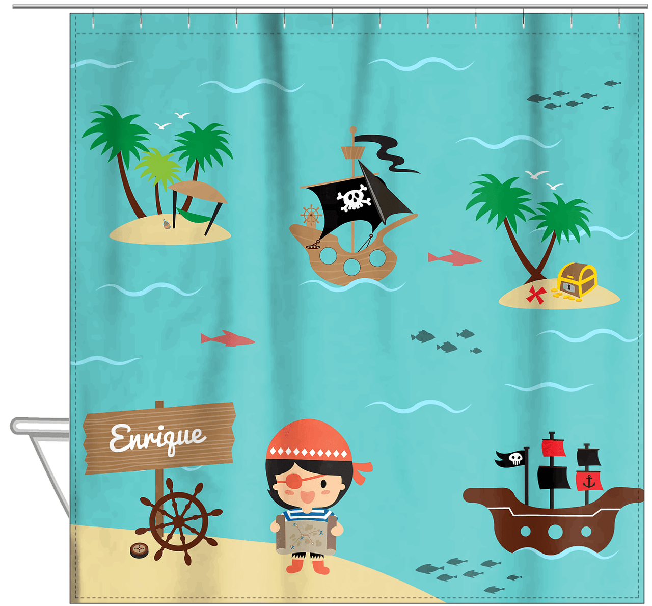 Personalized Pirate Shower Curtain X - Blue Background - Black Hair Boy - Hanging View