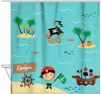 Thumbnail for Personalized Pirate Shower Curtain X - Blue Background - Redhead Boy - Hanging View