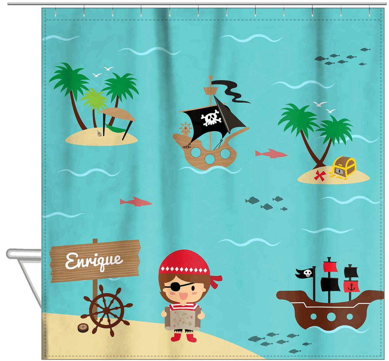 Personalized Pirate Shower Curtain X - Blue Background - Brown Hair Boy - Hanging View