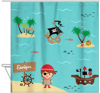 Thumbnail for Personalized Pirate Shower Curtain X - Blue Background - Brown Hair Boy - Hanging View