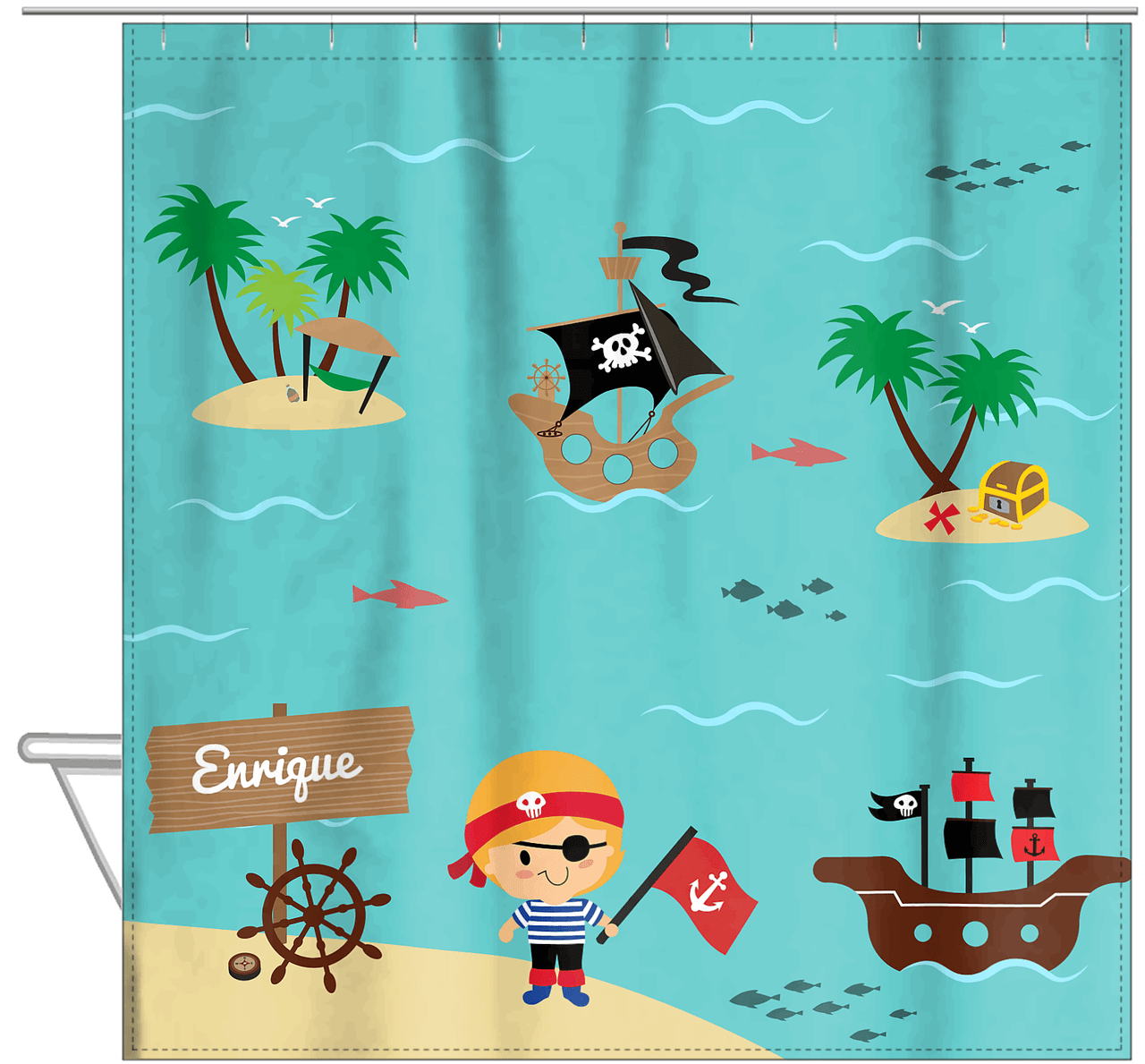 Personalized Pirate Shower Curtain X - Blue Background - Blond Boy - Hanging View