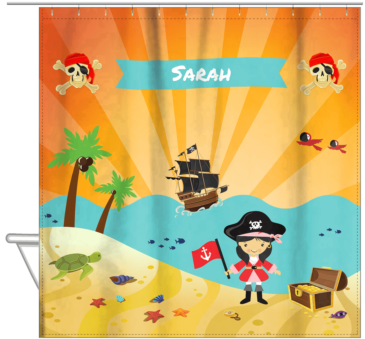 Personalized Pirate Shower Curtain XI - Orange Background - Asian Girl with Flag - Hanging View