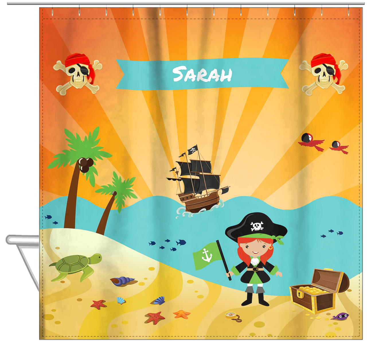 Personalized Pirate Shower Curtain XI - Orange Background - Redhead Girl with Flag - Hanging View