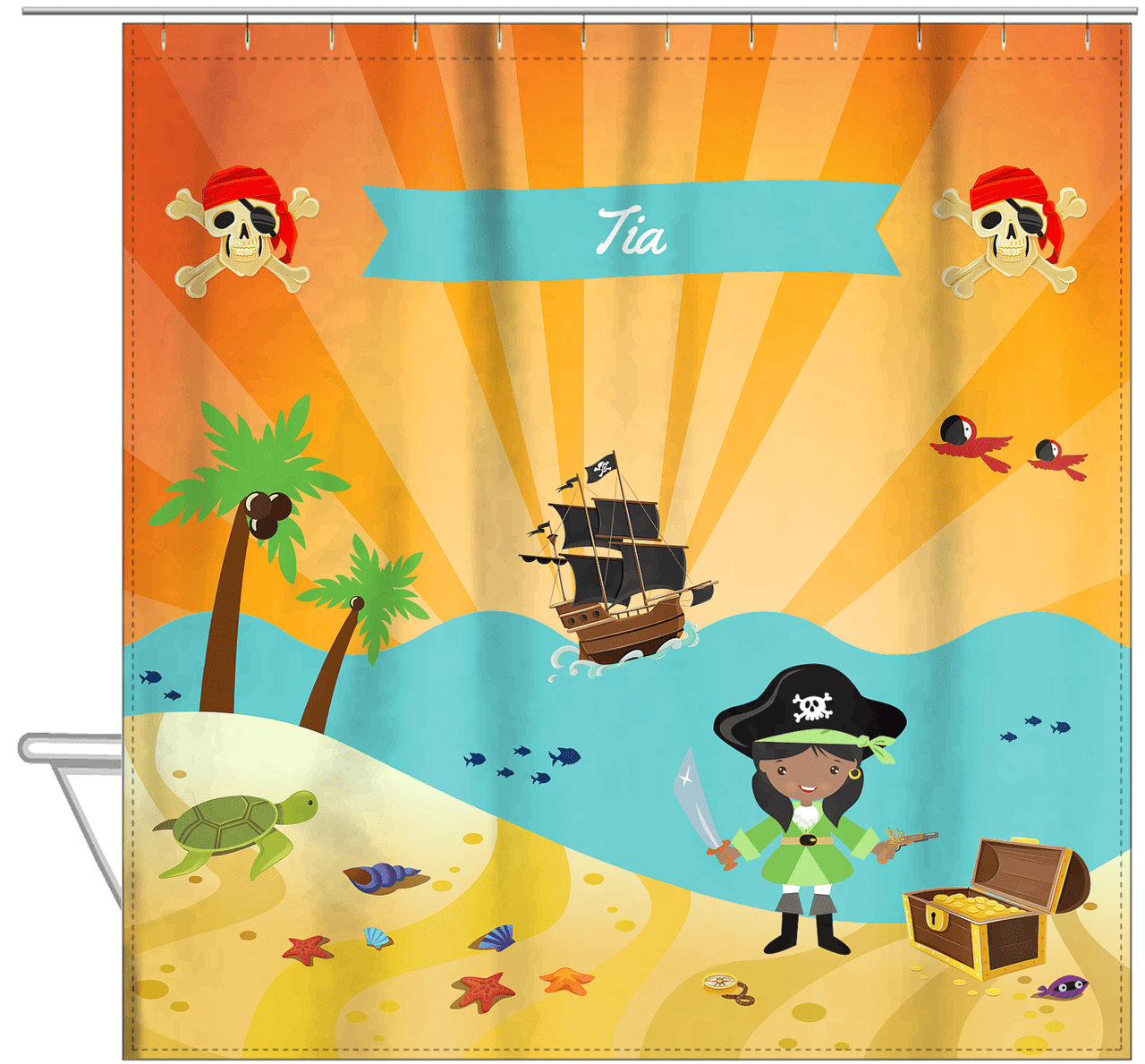 Personalized Pirate Shower Curtain XII - Orange Background - Black Girl with Sword - Hanging View