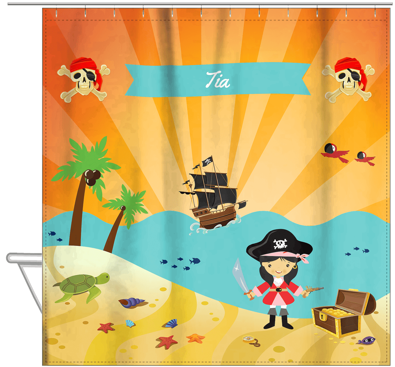 Personalized Pirate Shower Curtain XII - Orange Background - Asian Girl with Sword - Hanging View
