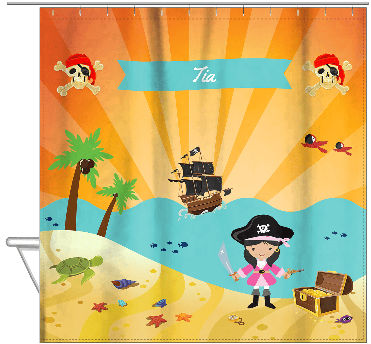 Personalized Pirate Shower Curtain XII - Orange Background - Black Hair Girl with Sword - Hanging View