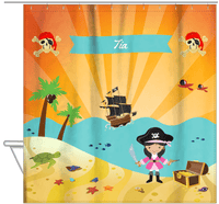 Thumbnail for Personalized Pirate Shower Curtain XII - Orange Background - Black Hair Girl with Sword - Hanging View