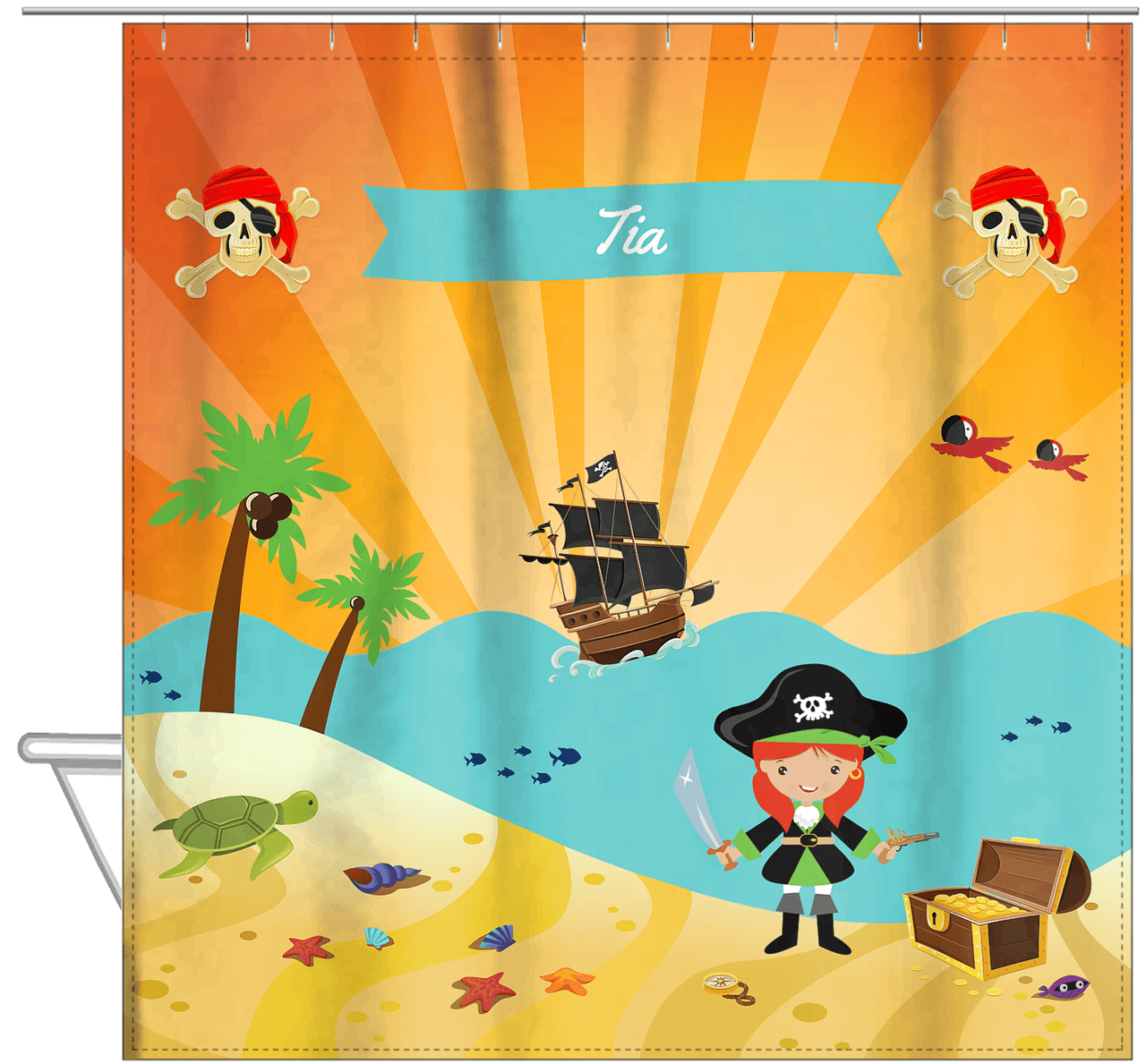 Personalized Pirate Shower Curtain XII - Orange Background - Redhead Girl with Sword - Hanging View
