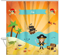 Thumbnail for Personalized Pirate Shower Curtain XII - Orange Background - Brunette Girl with Sword - Hanging View