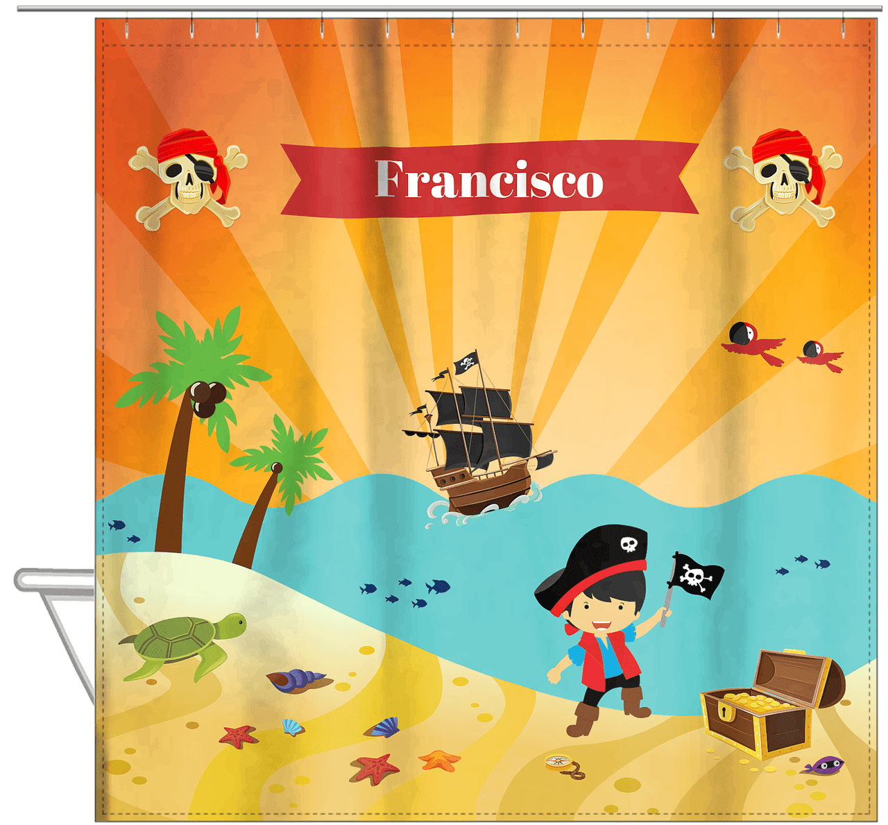 Personalized Pirate Shower Curtain XIII - Orange Background - Asian Boy with Flag - Hanging View