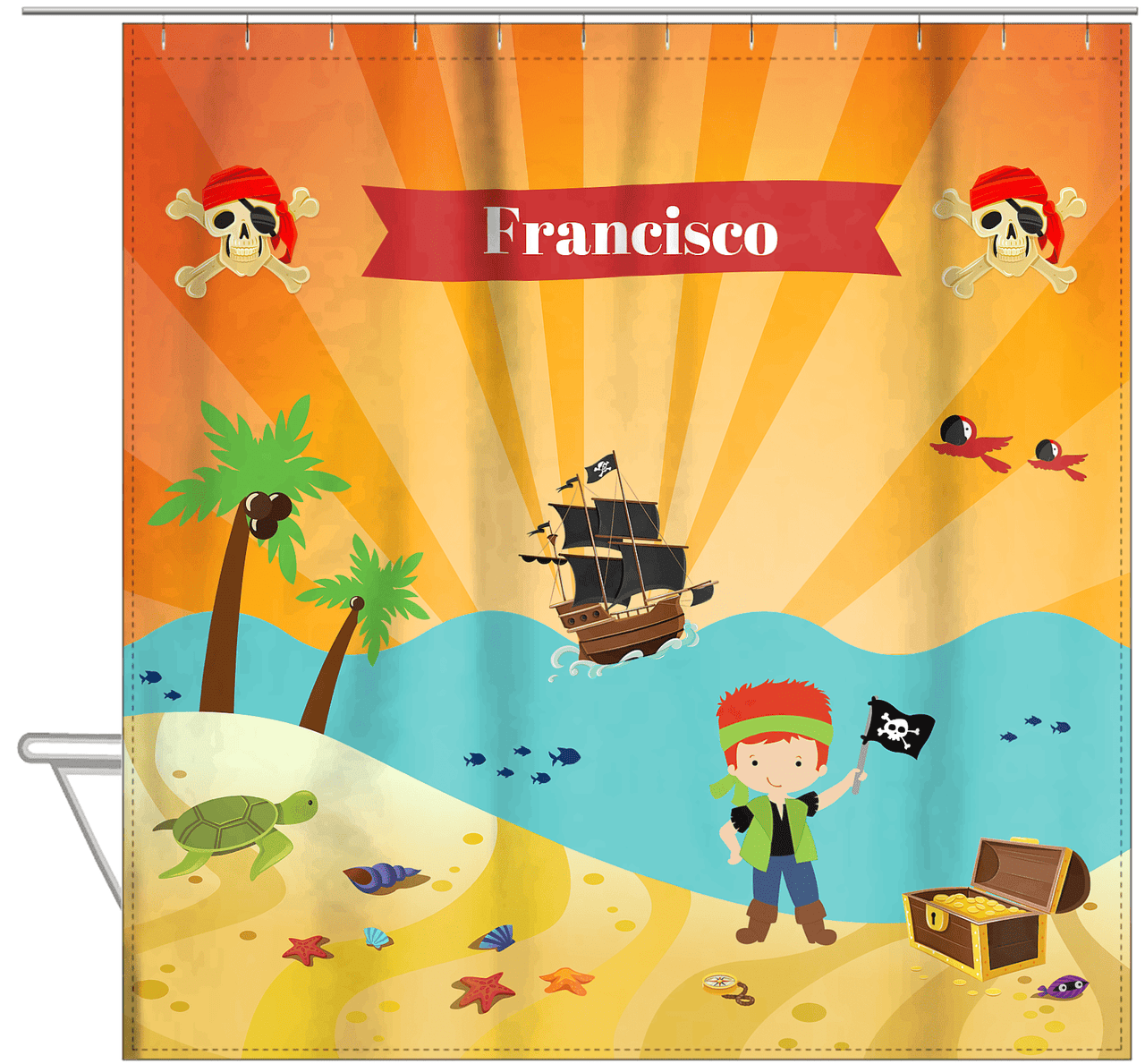 Personalized Pirate Shower Curtain XIII - Orange Background - Redhead Boy with Flag - Hanging View