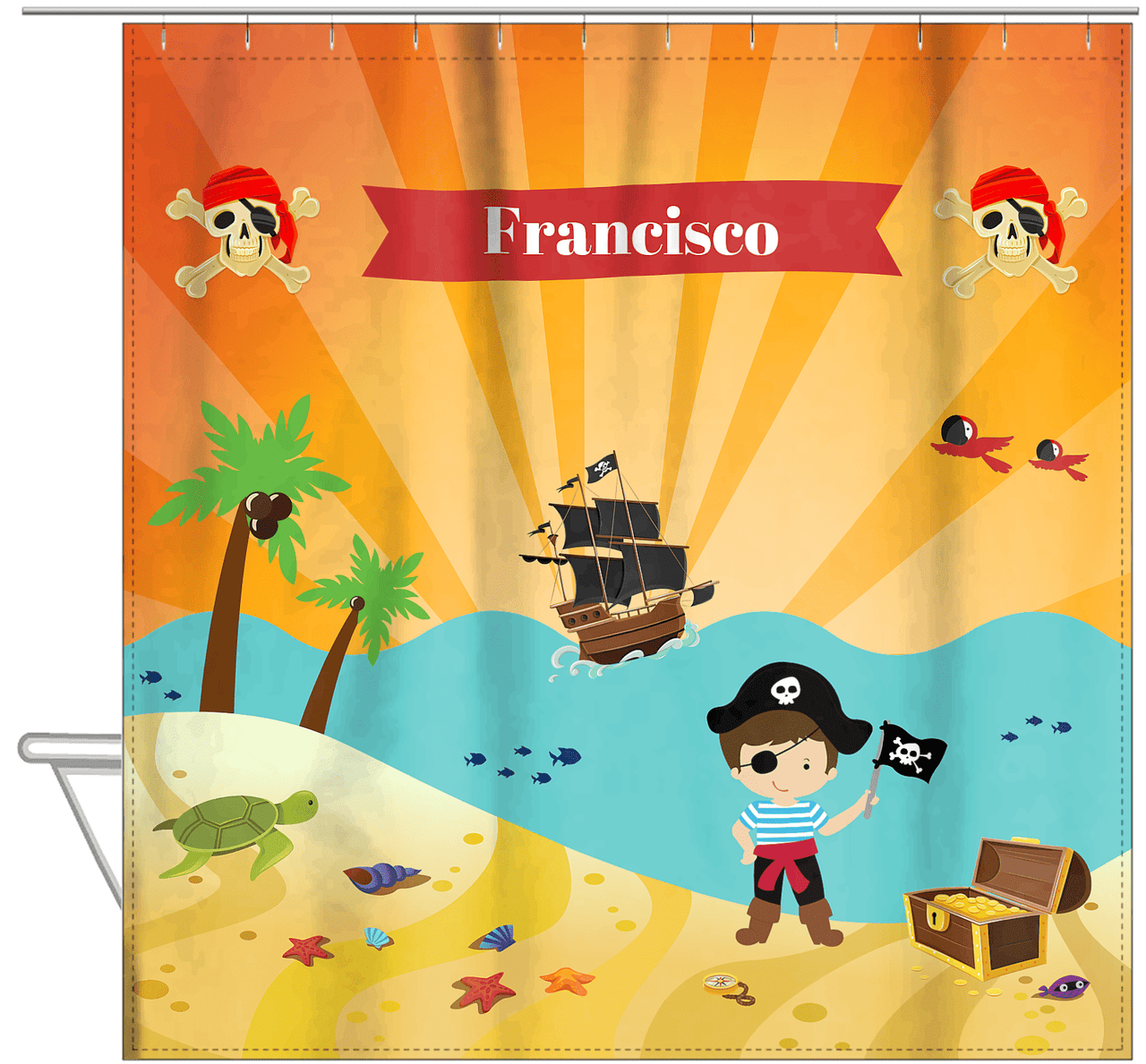 Personalized Pirate Shower Curtain XIII - Orange Background - Brown Hair Boy with Flag - Hanging View