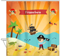Thumbnail for Personalized Pirate Shower Curtain XIII - Orange Background - Brown Hair Boy with Flag - Hanging View