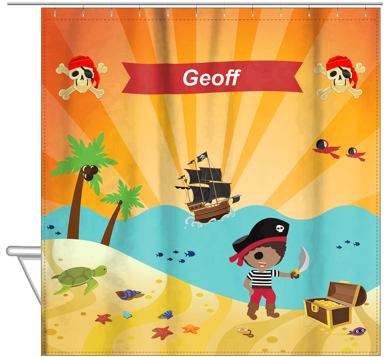 Personalized Pirate Shower Curtain XIV - Orange Background - Black Boy with Sword - Hanging View
