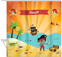 Thumbnail for Personalized Pirate Shower Curtain XIV - Orange Background - Black Boy with Sword - Hanging View