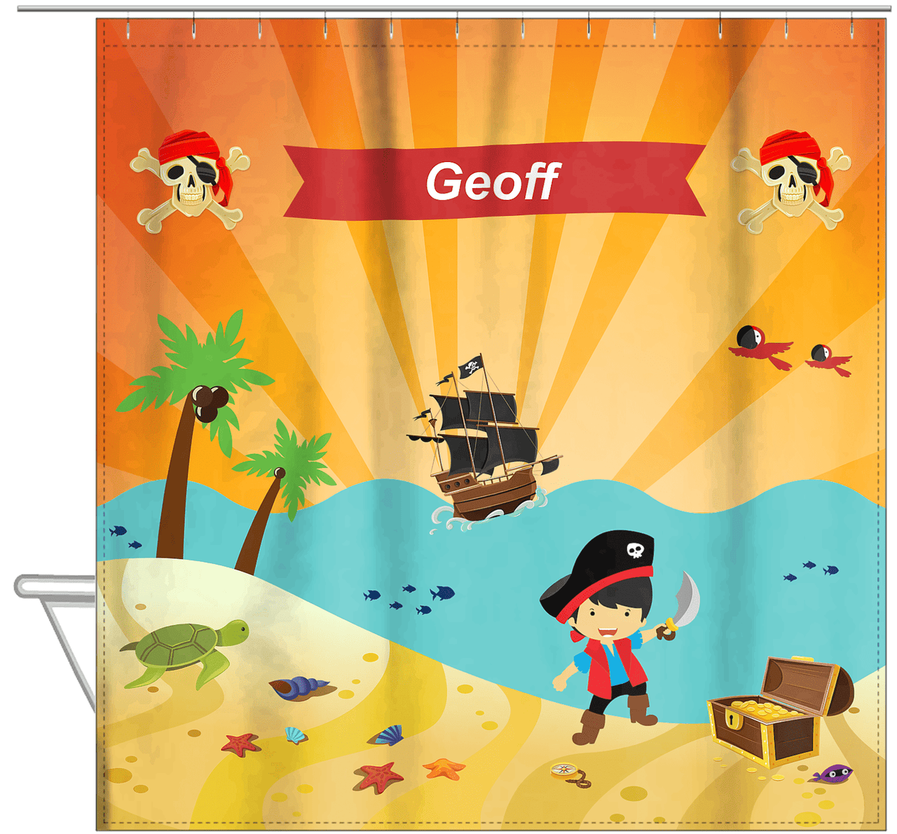 Personalized Pirate Shower Curtain XIV - Orange Background - Asian Boy with Sword - Hanging View