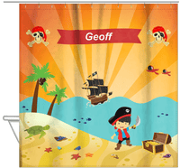 Thumbnail for Personalized Pirate Shower Curtain XIV - Orange Background - Asian Boy with Sword - Hanging View