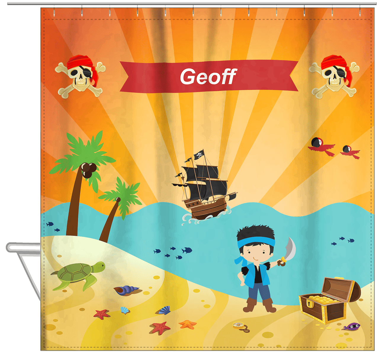Personalized Pirate Shower Curtain XIV - Orange Background - Black Hair Boy with Sword - Hanging View