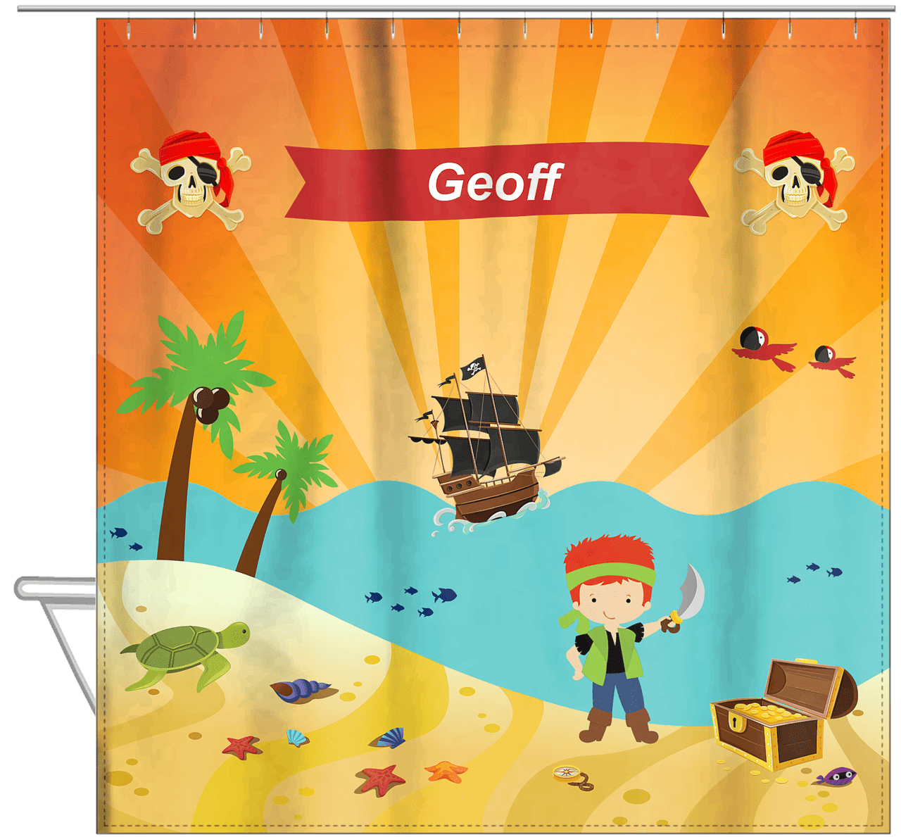 Personalized Pirate Shower Curtain XIV - Orange Background - Redhead Boy with Sword - Hanging View