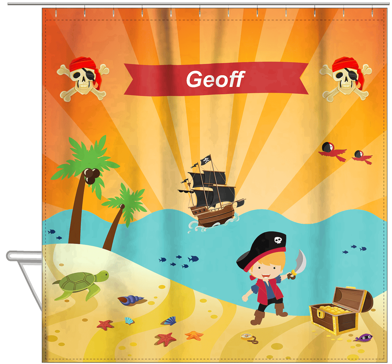 Personalized Pirate Shower Curtain XIV - Orange Background - Blond Boy with Sword - Hanging View