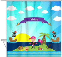 Thumbnail for Personalized Pirate Shower Curtain XV - Blue Background - Blonde Girl with Flag - Hanging View