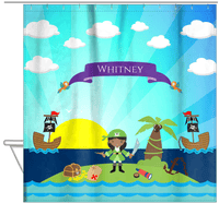 Thumbnail for Personalized Pirate Shower Curtain XVI - Blue Background - Black Girl with Sword - Hanging View